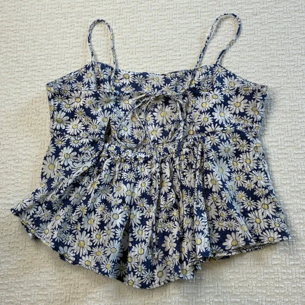 Free People Womens M Daisy Floral Peplum Top Crop Blue White Boho Indie Girly